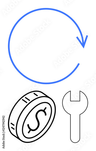 Circular blue arrow, coin with dollar sign, and wrench showcasing financial cycles, repair, and adjustments. Ideal for business, finance tools, maintenance, innovation productivity economics