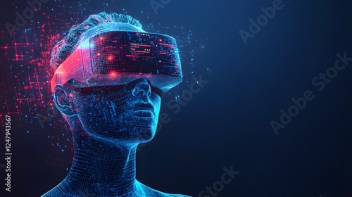 Immersive Virtual Reality: A stylized digital rendering of a person immersed in virtual reality, depicted with glowing lines and particles.