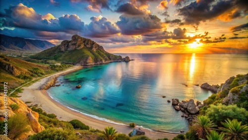 Capo Vaticano Beach at Sunset, alpine lake, dramatic seascape,  alpine lake