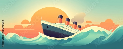 Ocean liner sunset sea waves travel poster