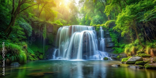 waterfall in dense forest, serene atmosphere, peaceful , serene atmosphere, peaceful