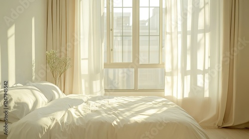 Wallpaper Mural Sunlit Bedroom With White Bedding And Sheer Curtains Torontodigital.ca