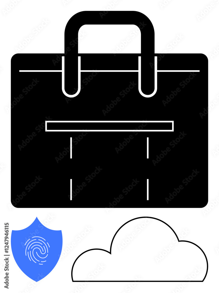 Black briefcase, blue fingerprint shield, and cloud icon convey digital security, data protection, cloud computing, cybersecurity, business, identity verification and remote work. Line metaphor Black briefcase, blue fingerprint shield, and cloud icon convey digital security, data protection, cloud computing, cybersecurity, business, identity verification and remote work. Line metaphor