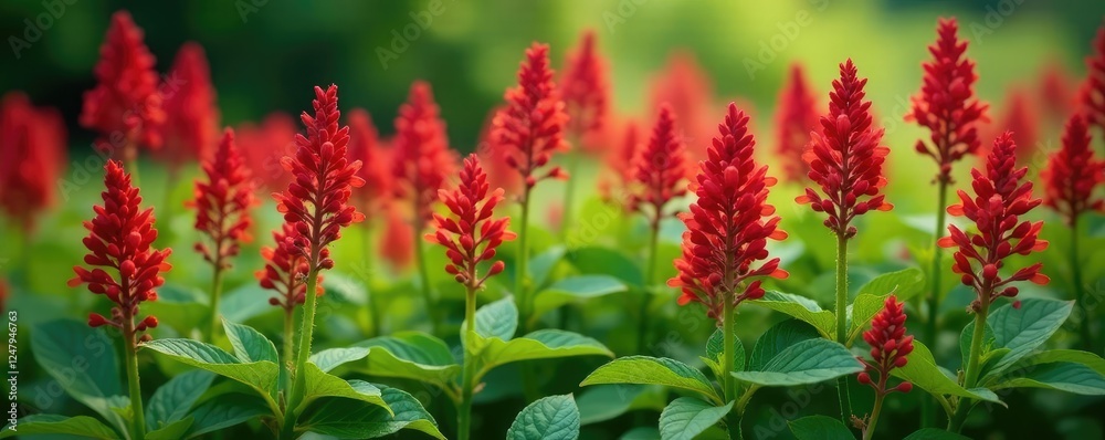 Dense red verbena inflorescences amidst lush green foliage, foliage, garden, flowers Dense red verbena inflorescences amidst lush green foliage, foliage, garden, flowers