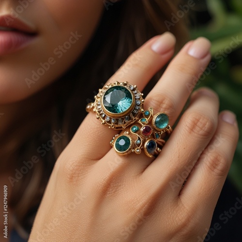 handmade products jewelry luxury. Luxury cocktail rings featuring ethically sourced stones, blending sustainability with extravagance generative Ai

