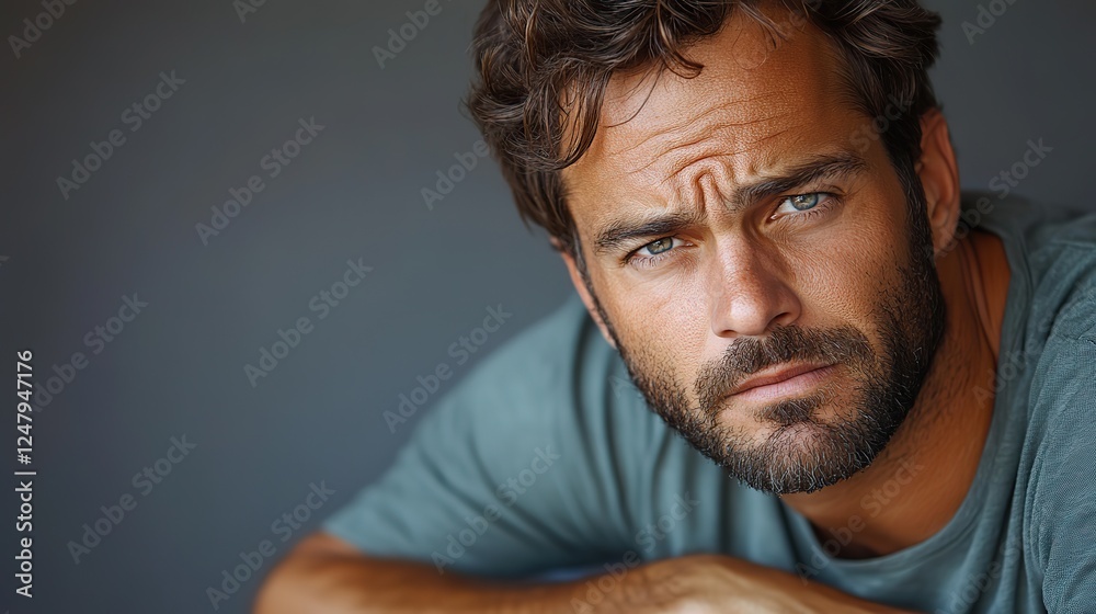 Fototapeta premium A cropped close-up portrait of an unhappy man touching his right side with a pained expression, wearing a casual t-shirt and jeans, isolated against a gray background.