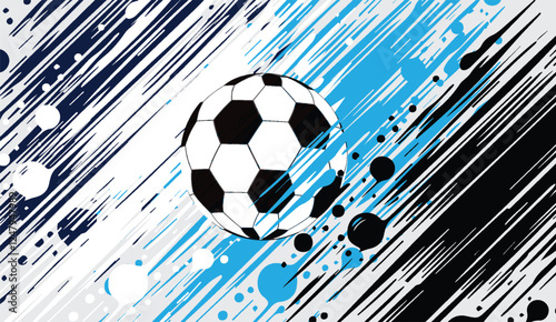 Dynamic soccer ball graphic illustration with abstract brushstroke and splatter background representing the energy and movement of football passion