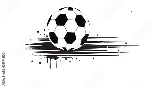 Dynamic soccer illustration with artistic ink splatters creating a sense of action and movement suitable for banners or graphic design elements