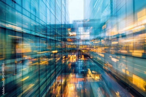 Soft-focus background of a modern office with glass walls and bokeh lighting. Motion-blurred business center, ideal for banners, presentations, and copy space designs.