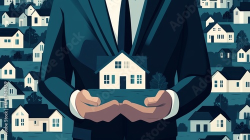 A businessman holds a small house, symbolizing real estate investment and ownership.