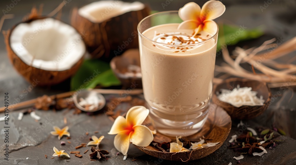 Refreshing tropical coconut smoothie drink blended in a glass with wooden elements and floral accents set on a wooden table against a natural background Refreshing tropical coconut smoothie drink blended in a glass with wooden elements and floral accents set on a wooden table against a natural background