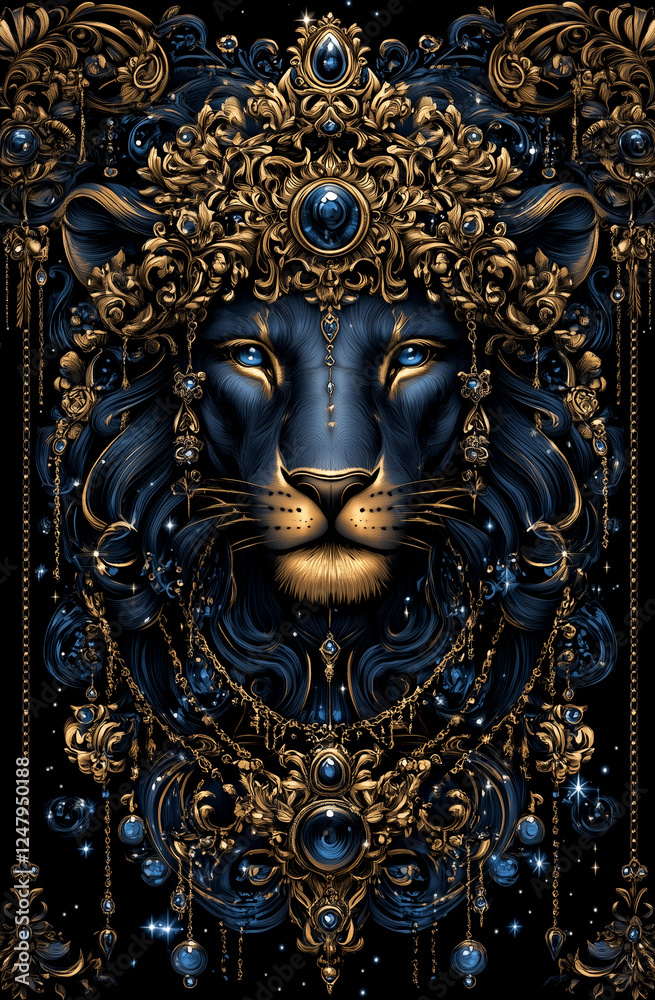 Fototapeta premium A lion with a crown of jewels on its head. The lion is blue and gold. The crown is made of jewels and is very ornate