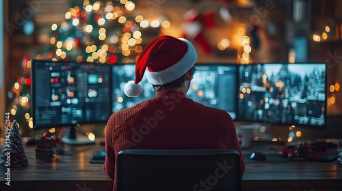 a person sitting at a desk wearing a Santa hat with computer monitors in front and a blurred Christmas tree in the background the image captures a festive work environment during the holiday season.