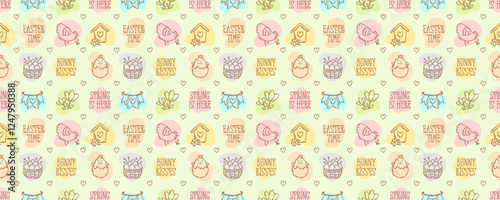 Easter season doodle style icons and quotes seamless pattern, hand-drawn spring hunt theme background, cute symbols and elements collection.