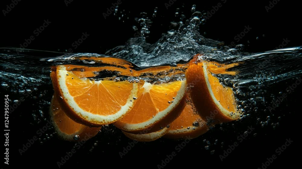 pieces of orange fruit and splashes of water . seamless looping time-lapse virtual video Animation Background.