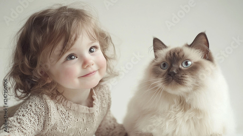 White background, a toddler girl, bright eyes, modest smile, next to a fluffy fat cat  photo