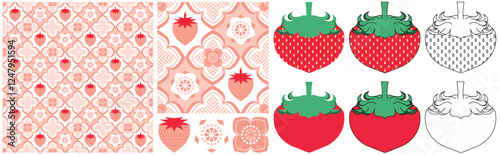 シームレスパターンテクスチャーと装飾図案デザイン「デフォルメ苺柄」赤＆ピンク系カラー（Seamless pattern texture and decorative design "Deformed strawberry pattern" in red and pink colors.）