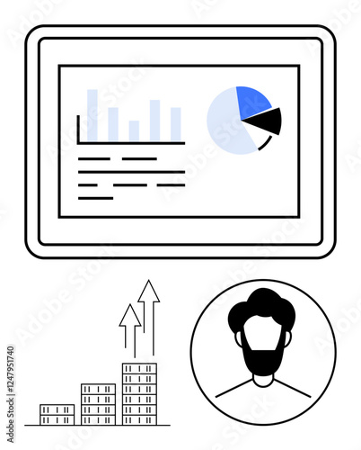 Tablet screen with data charts, bar graph, pie chart, upward arrows on building blocks, male profile. Ideal for business analytics, growth, marketing, management user focus finance abstract line