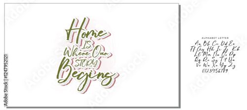 Home is where our story begins. Hand drawn lettering family quote. Vector typography for prints, home, kids room decor, housewarming