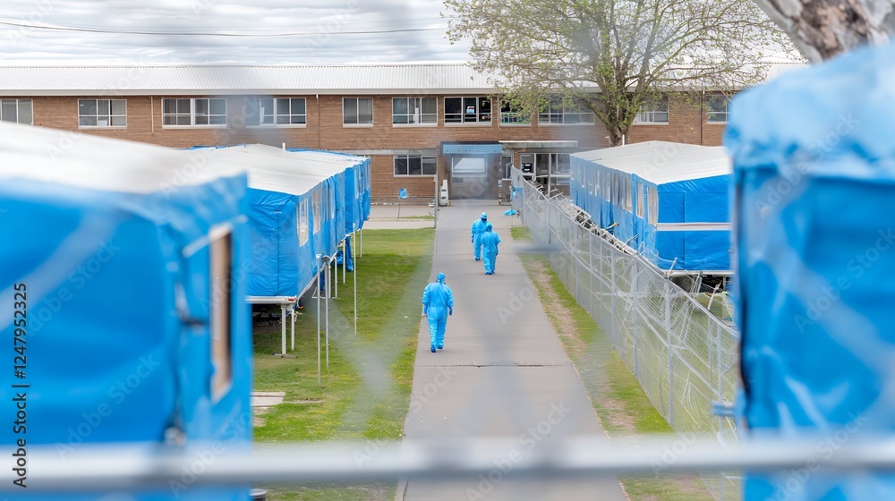 Obraz premium Blue Suited Figures Walking Between Temporary Structures