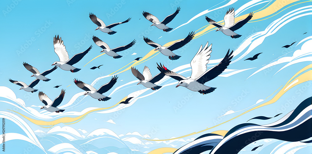 Obraz premium Flock of Birds Flying in Blue Sky Illustration