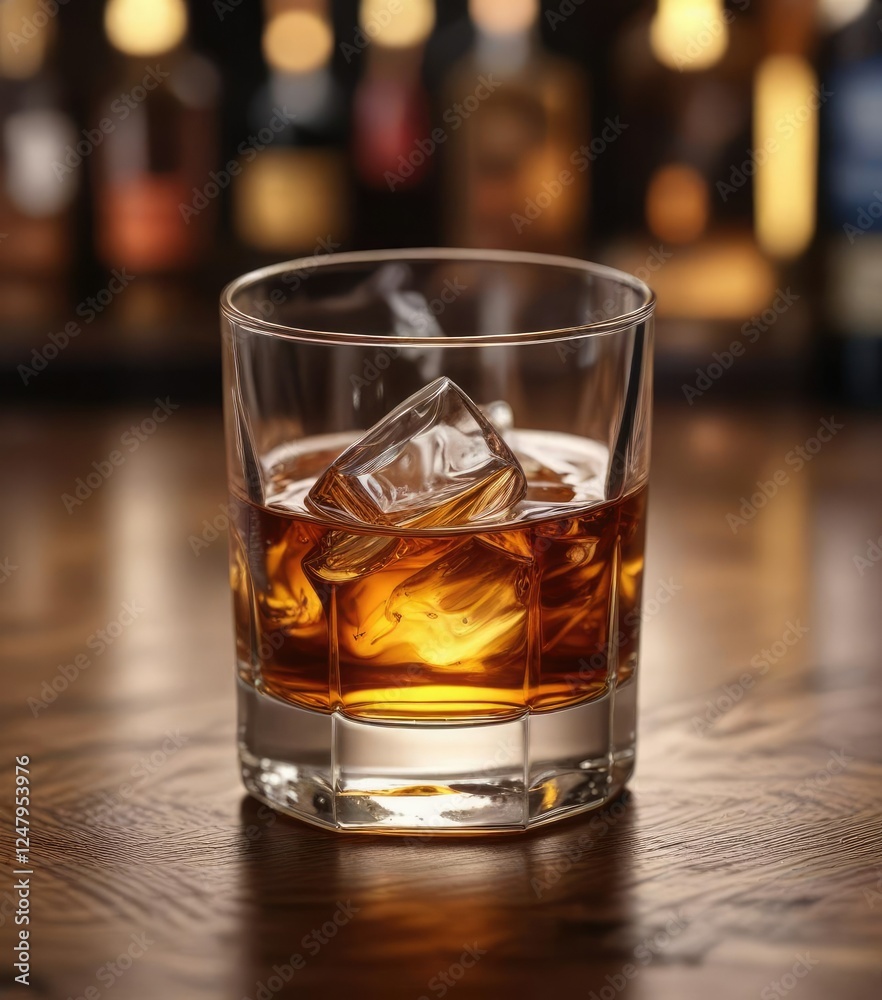 Whiskey glass on a wooden table with a blurred background to emphasize the glass , table, background Whiskey glass on a wooden table with a blurred background to emphasize the glass , table, background