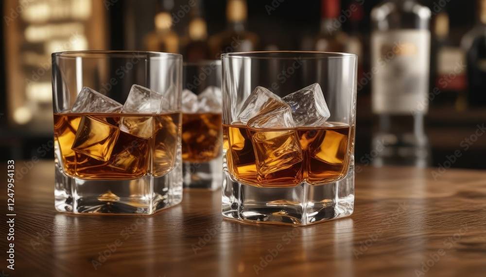 Whiskey served neat in modern crystal glass on wooden bar top with ice cubes, modern, neat, alcohol, liquor Whiskey served neat in modern crystal glass on wooden bar top with ice cubes, modern, neat, alcohol, liquor