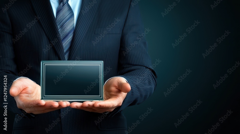 Businessman in suit demonstrating compact digital device for innovative solutions. Businessman in suit demonstrating compact digital device for innovative solutions.