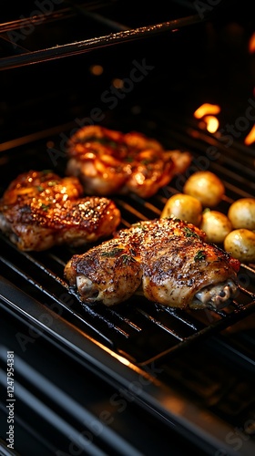 Grilled chicken thighs & potatoes, indoor grill, flames background