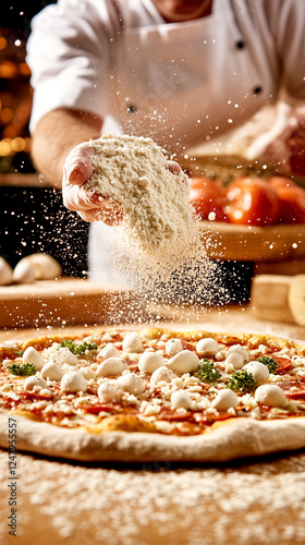 A chef sprinkling cheese on a pizza. Scene is lighthearted and fun, as the chef is playfully adding cheese to the pizza