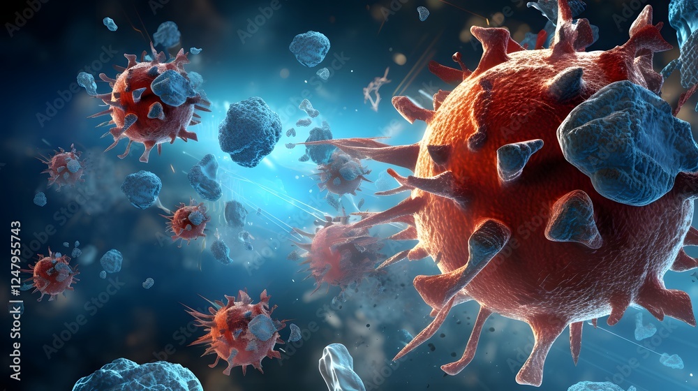 Naklejka premium Digital showcasing the human immune system s response in fighting off a viral infection such as HMPV