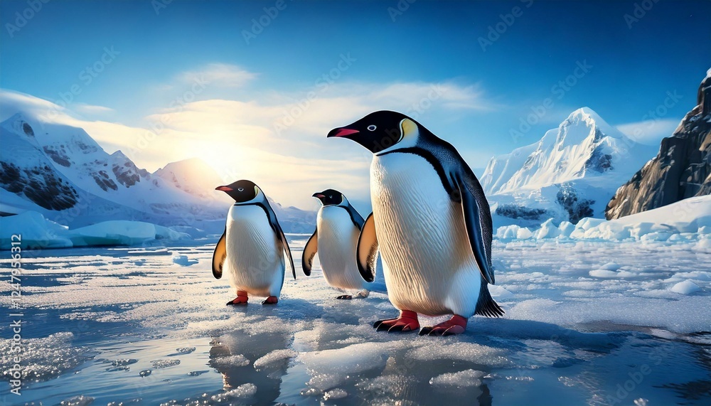 Obraz premium penguins waddling on a frozen Antarctic landscape 