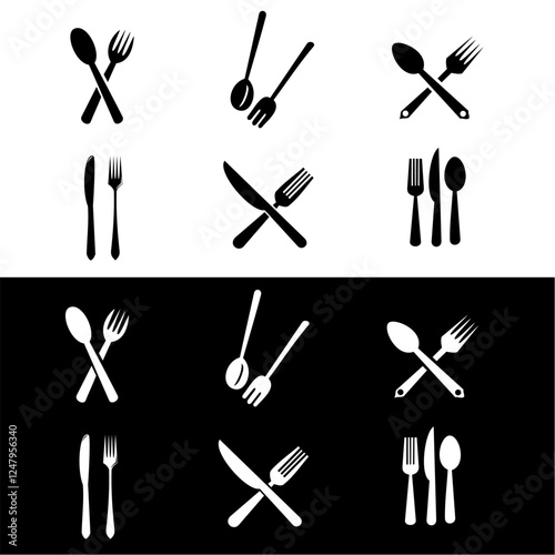 Cutlery silhouettes. Fork spoon knife black icons, silverware silhouettes on white background. Vector cutlery set for serving illustration