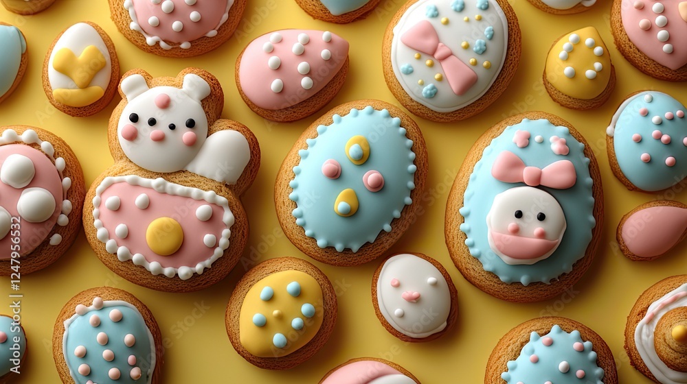 An Easter themed baking concept, a top view photo of a table set of playful, themed, shaped gingerbreads on a lively yellow surface, great for advertising. An Easter themed baking concept, a top view photo of a table set of playful, themed, shaped gingerbreads on a lively yellow surface, great for advertising.
