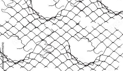Distressed netting pattern with frayed edges against a clean white backdrop offers a sense of fragility or constraint in illustrative detail