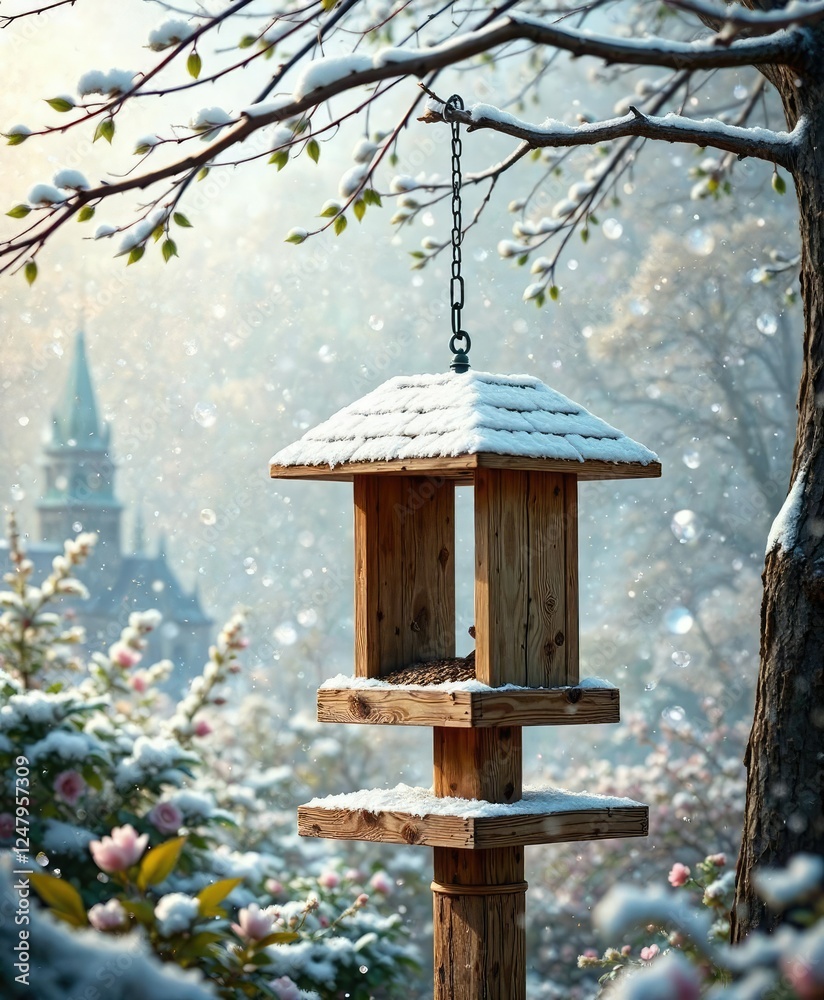 Naklejka premium Wooden feeder in a Hungarian garden amidst snowflakes, bird feeder, huangarian