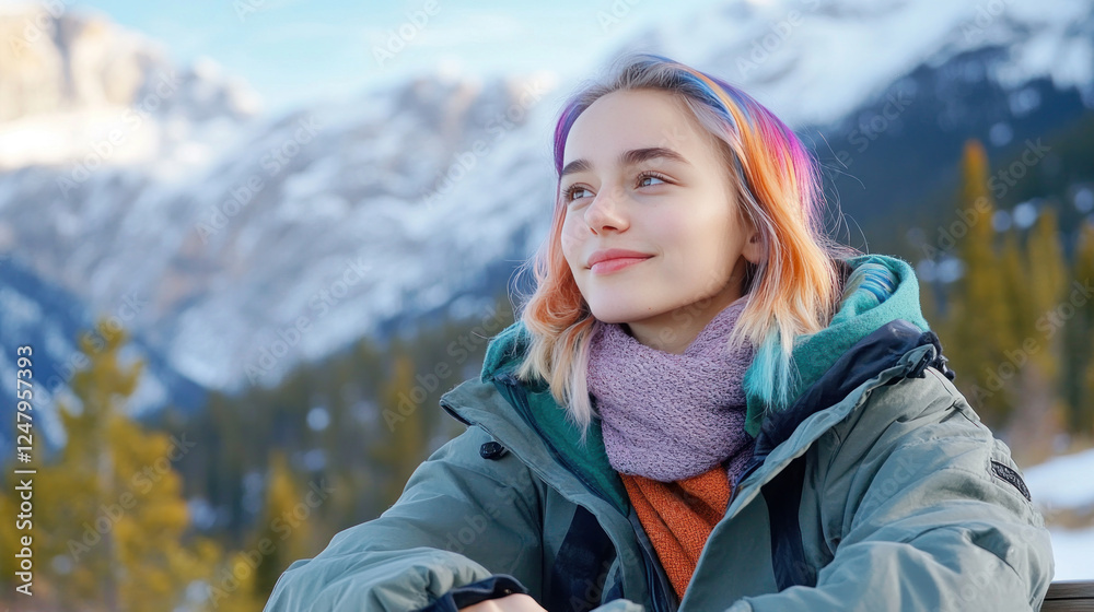 Colourful hair woman wearing a coat sitting on a bench enjoying the view of the Canadian Rockies Colourful hair woman wearing a coat sitting on a bench enjoying the view of the Canadian Rockies