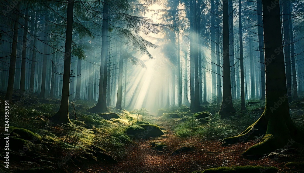 Obraz premium forest with light beams piercing through fog 