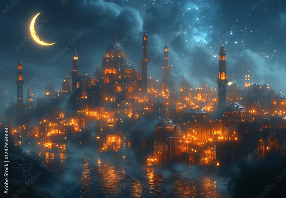 Mystical Illuminated Cityscape with Crescent Moon and Glowing Towers
Mystical Illuminated Cityscape with Crescent Moon and Glowing Towers