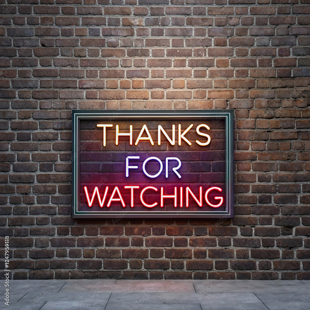 Fototapeta premium A vibrant neon sign reading 'THANKS FOR WATCHING' glows against a rustic brick wall, creating a striking visual contrast.