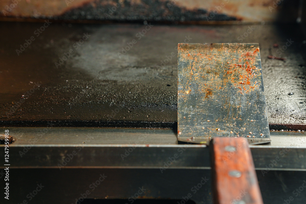 A dirty stainless steel spatula resting on a flat griddle, dirty kitchen concept