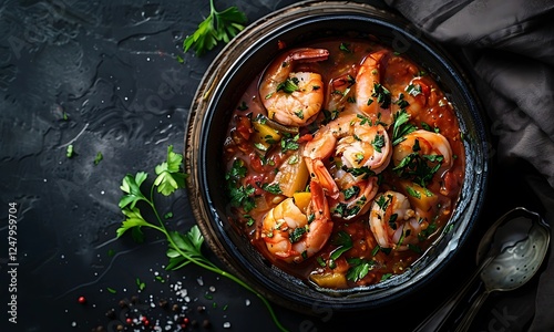 Shrimp and Tomato Stew: A delectable dish of plump, juicy shrimp simmered in a vibrant tomato stew, garnished with fresh parsley, ready to tantalize your taste buds. photo