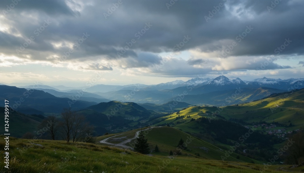 Fototapeta premium Stunning Mountain Valley Landscape at Sunset with Dramatic Clouds
