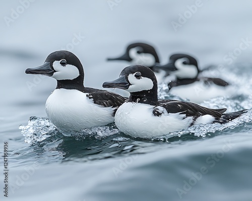 Puffins migrating on ocean waves photo