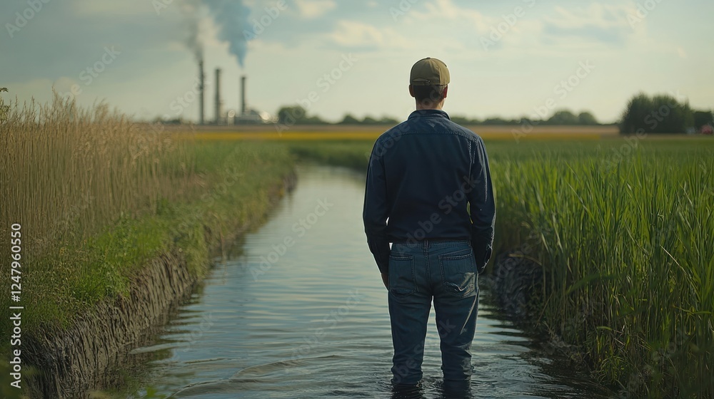 Man in field, facing industrial pollution. Man in field, facing industrial pollution.