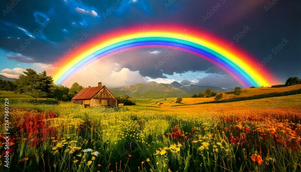 Obraz premium rainbow arching over a tranquil meadow 