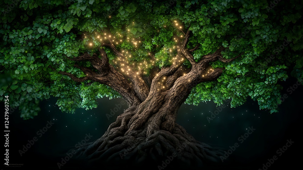 Enchanted tree glowing with magical lights in a serene forest setting at night Enchanted tree glowing with magical lights in a serene forest setting at night