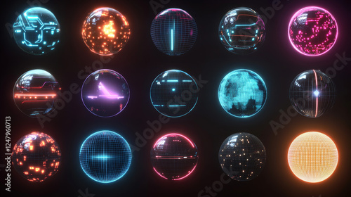 3d neon tech sphere collection with glowing effects - futuristic dotted orb, geometric wireframe globe, distorted grid shape and luminous digital ball. elements for sci-fi and modern cyberpunk design.