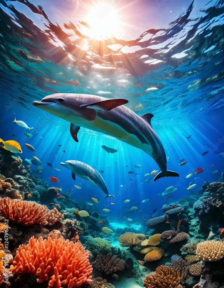 Fototapeta premium scene with playful dolphins and colorful fish 