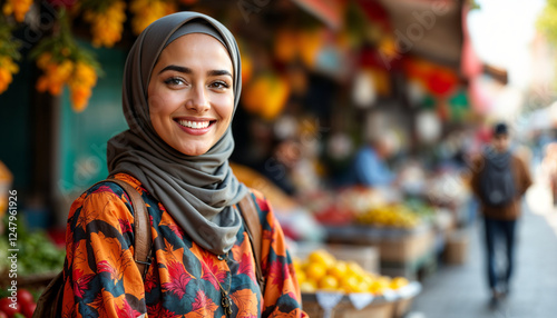 Beautiful muslim woman isolated against a city background business woman smiling in front of an office buildings. Young woman wearing a hijab. generative AI